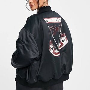 NWT Air Jordan Flight Renegade Oversized Satin Bomber Jacket Black